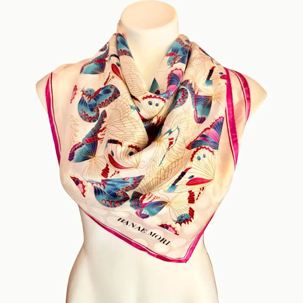 Hanae Mori Butterfly Silk Scarf 35x35 Signature Print 1970s Japan Hand Rolled